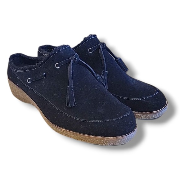 Lands' End Black Suede Slip-On Clogs W/ Tassels Faux Fur Lined Women's Size 11 - Picture 1 of 9